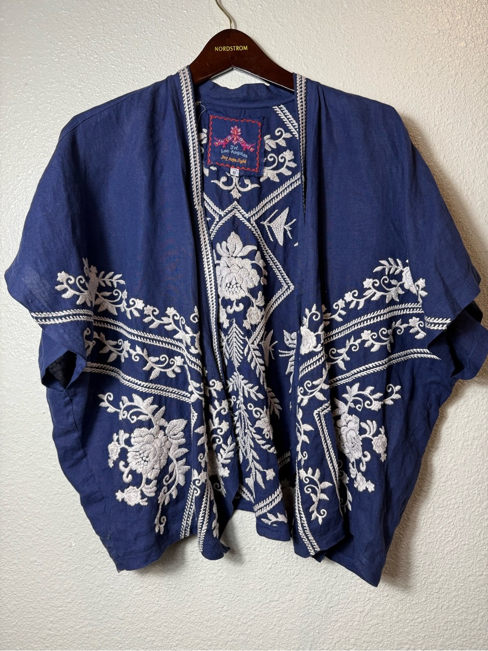 JW Los Angeles Embroidered Linen Open Front Kimono Boho Navy Size Small